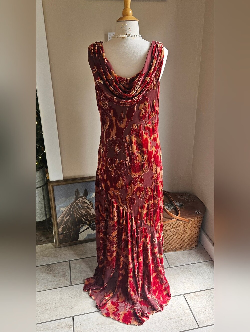 Vintage Bob Mackie Women's Red Floral Velvet Maxi Dress Y2K Fairy Elegant